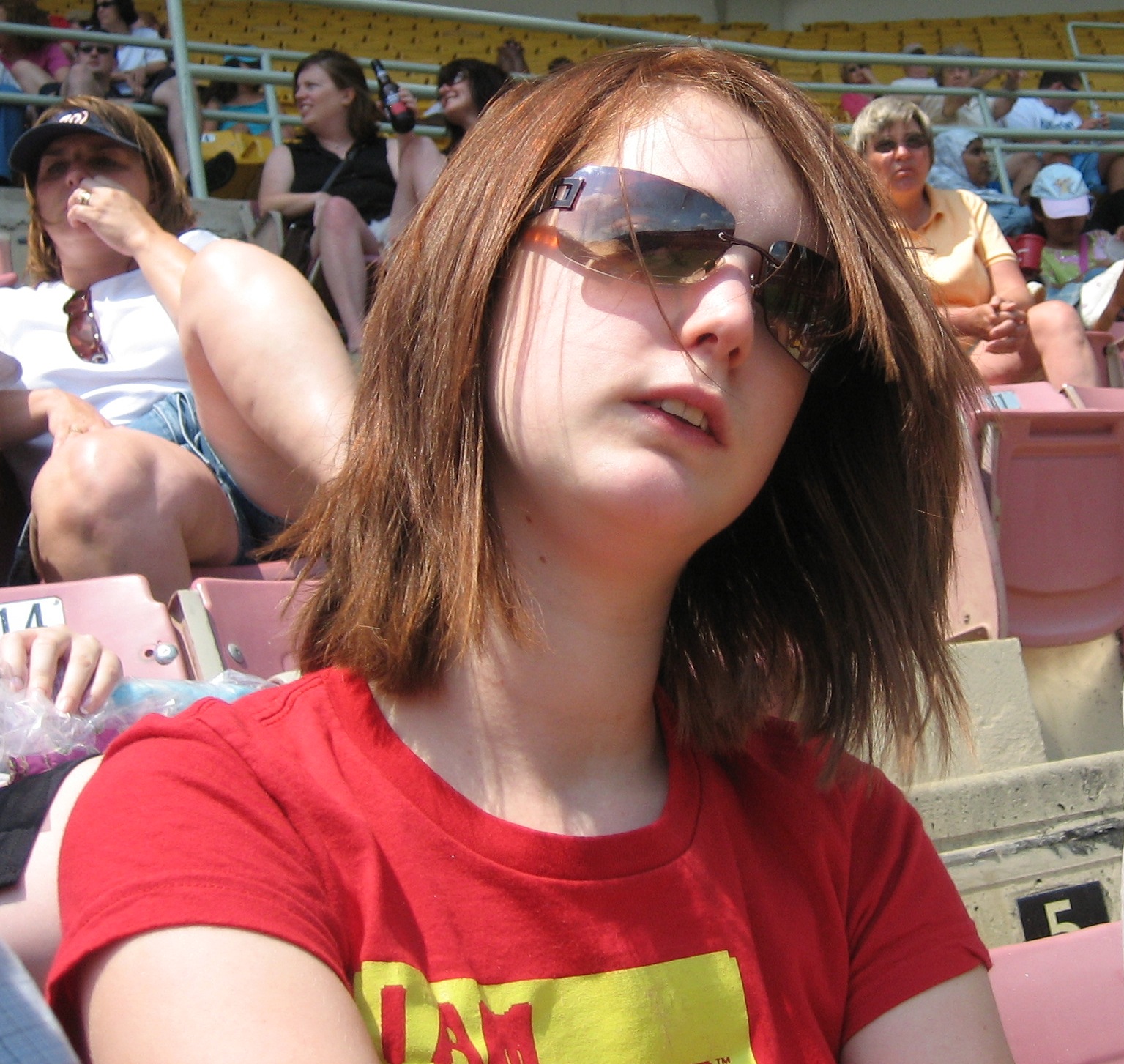 a woman with a red shirt