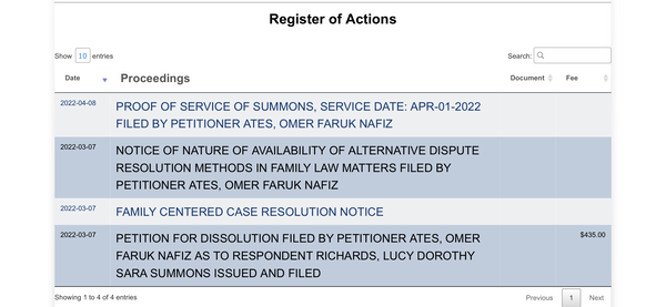 a table with the number of the items in the order Show 10 entries

Date
Register of Actions
Search:
Proceedings Document
2022-04-08
2022-03-07
PROOF OF SERVICE OF SUMMONS, SERVICE DATE: APR-01-2022
FILED BY PETITIONER ATES, OMER FARUK NAFIZ
NOTICE OF NATURE OF AVAILABILITY OF ALTERNATIVE DISPUTE
RESOLUTION METHODS IN FAMILY LAW MATTERS FILED BY
PETITIONER ATES, OMER FARUK NAFIZ
FAMILY CENTERED CASE RESOLUTION NOTICE
PETITION FOR DISSOLUTION FILED BY PETITIONER ATES, OMER
FARUK NAFIZ AS TO RESPONDENT RICHARDS, LUCY DOROTHY
SARA SUMMONS ISSUED AND FILED
$435.00
Showing 1 to 4 of 4 entries Previous
4
Next