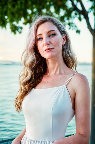 a woman in a white dress standing in the water