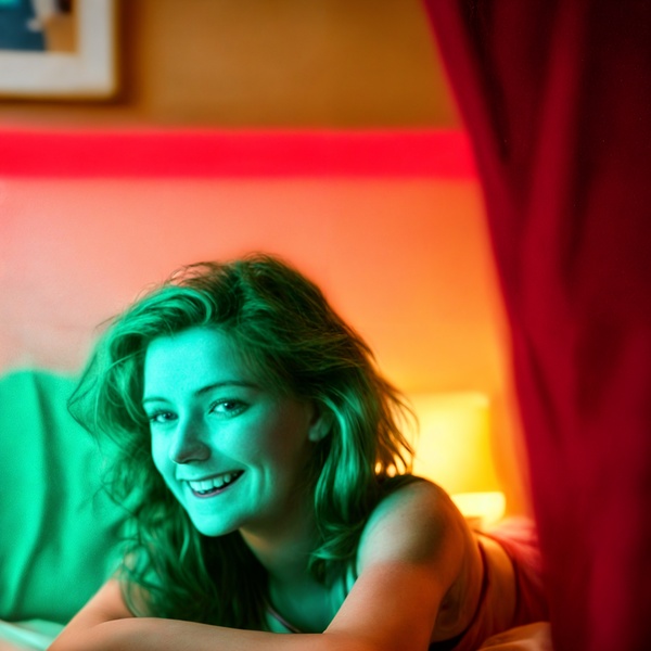 a woman laying on a bed with a laptop