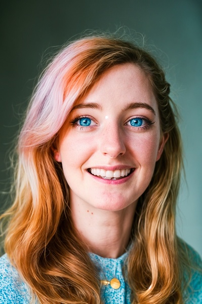 a woman with pink hair and blue eyes