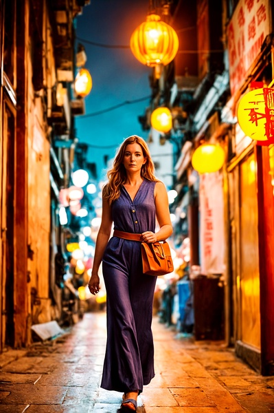 a woman walking down a street at night