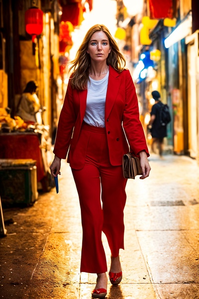 a woman in a red suit walking down a street