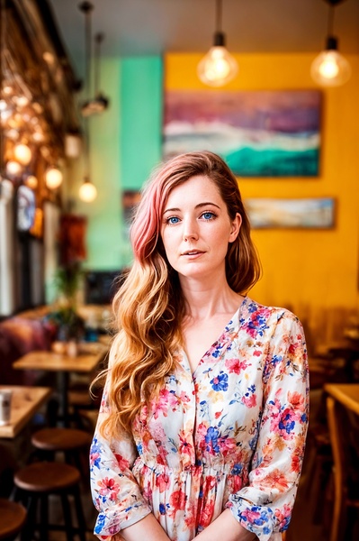 a woman standing in a restaurant with her arms crossed