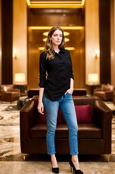 a woman standing in a hotel lobby