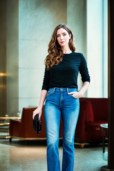 a woman in a black shirt and jeans