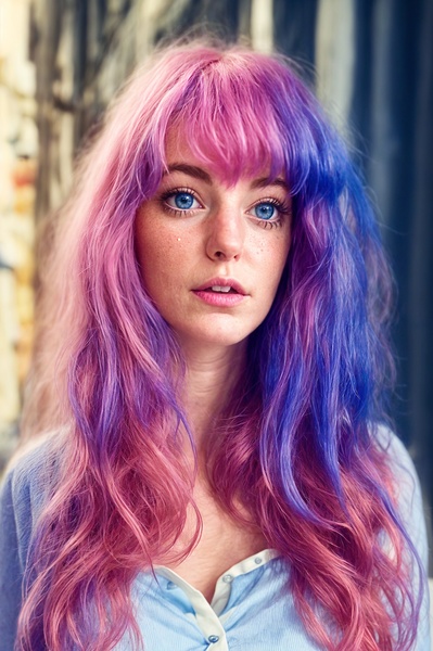 a woman with pink hair and blue eyes