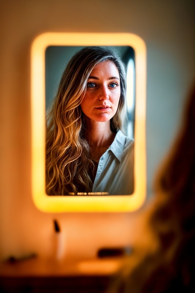 a woman looking at her reflection in a mirror