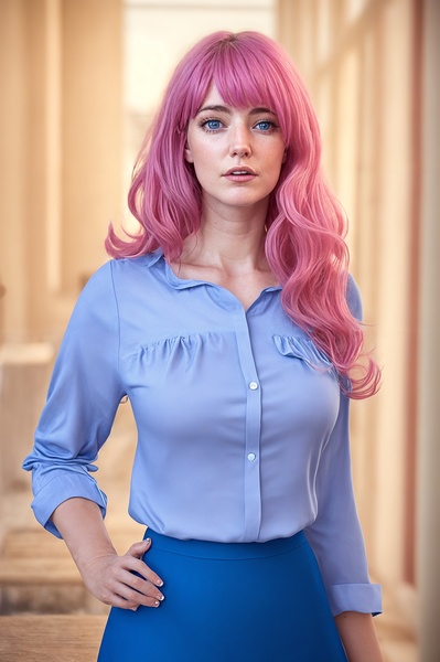 a woman with pink hair and blue dress