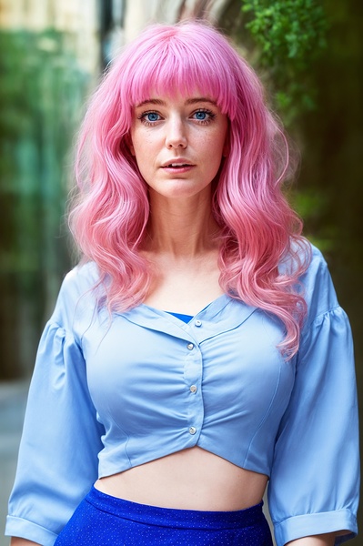 a woman with pink hair and blue shirt