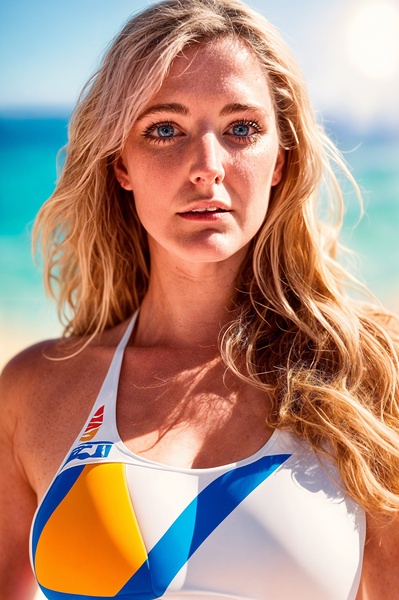 a woman in a white bikini with a blue and yellow triangle