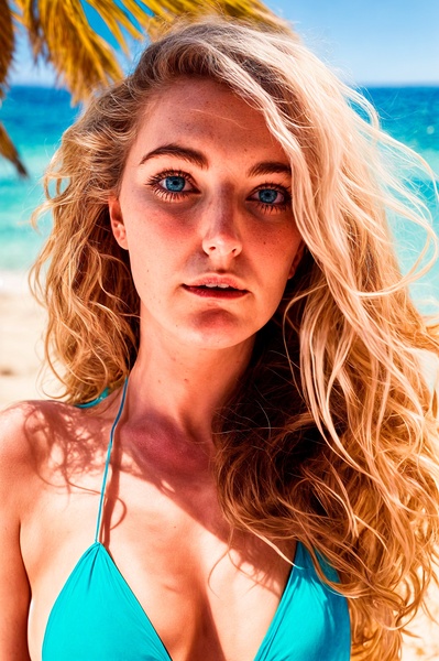 a woman in a blue bikini top on a beach