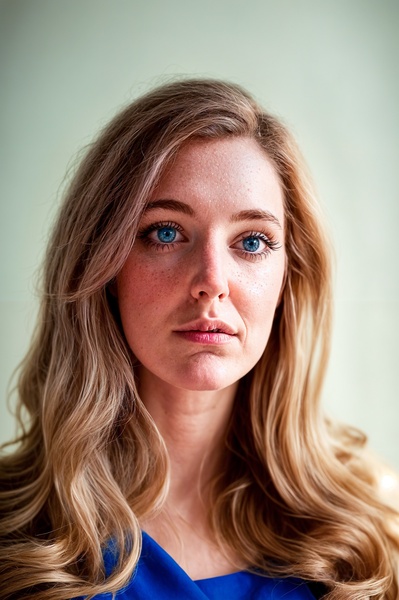 a woman with long blonde hair and blue eyes