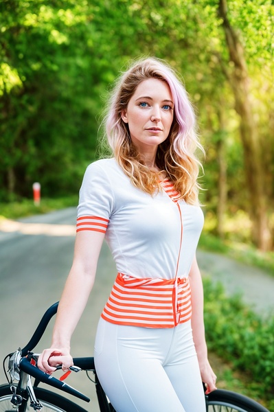 a woman in a white shirt and orange and white pants