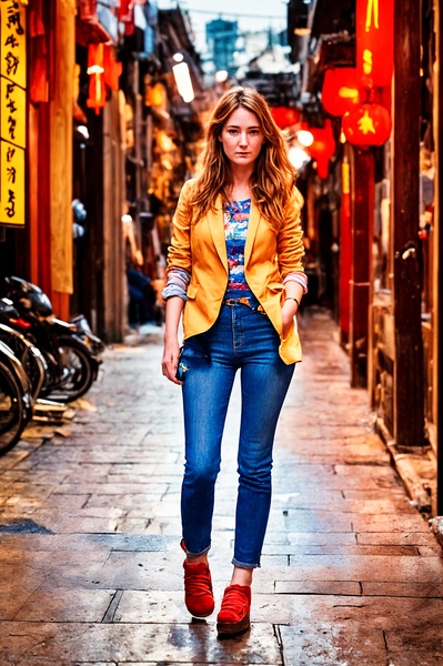 a woman walking down a narrow alley in a city