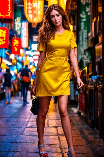 a woman in a yellow dress is walking down a street