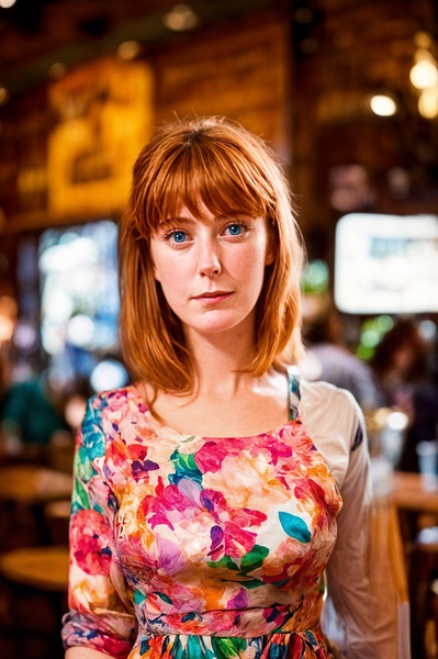 a woman with red hair and a colorful dress