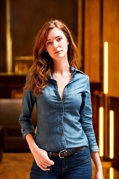 a woman in a denim shirt and jeans