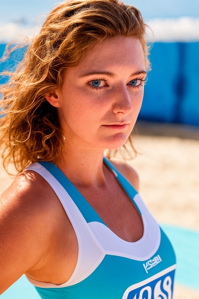 a woman in a blue and white bathing suit