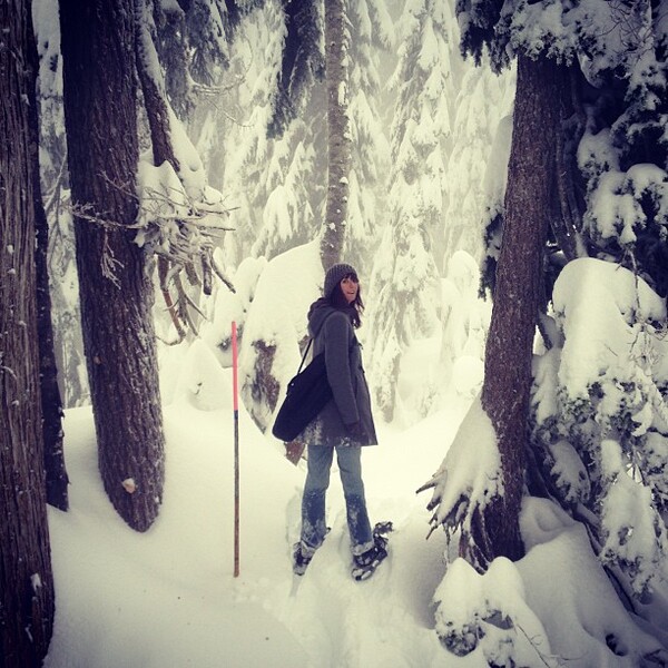 a man walking through a forest filled with snow