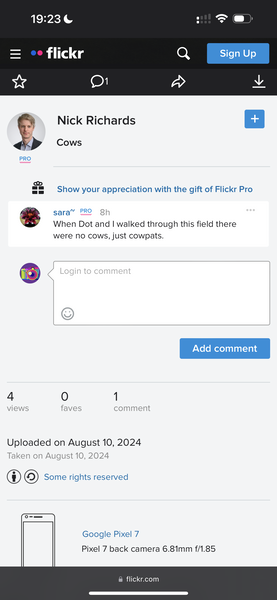 a screenshote app showing the notifications and notifications 19:23 ¢

flickr
Ww
% Nick Richards
Cows
PRO
co
am = 6OShow your appreciation with the gift of Flickr Pro
sara” PRO 8h
5 When Dot and | walked through this field there
were no cows, just cowpats.
Add comment
4 6) 1
views faves comment
Uploaded on August 10, 2024
Taken on August 10, 2024
® ©) Some rights reserved
Google Pixel 7
Pixel 7 back camera 6.81mm f/1.85
@ flickr.com