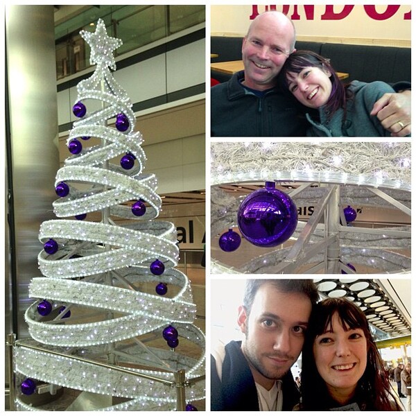 a collage of a couple and a christmas tree J" ES Wau