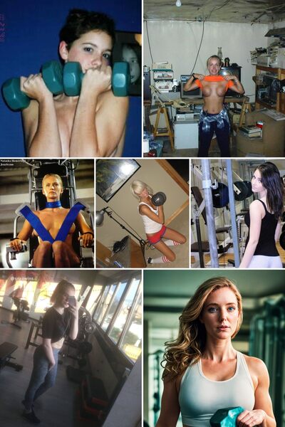 a collage of photos of a woman working out