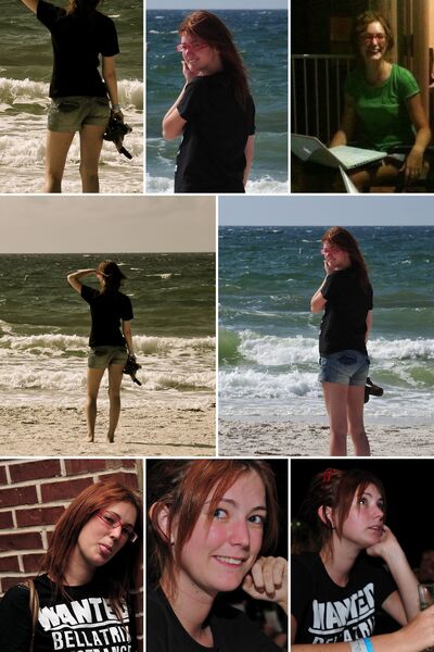 a collage of a woman on the beach