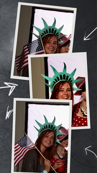 a collage of a woman in a hat and a flag