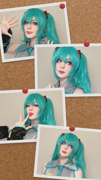 a collage of a woman with blue hair