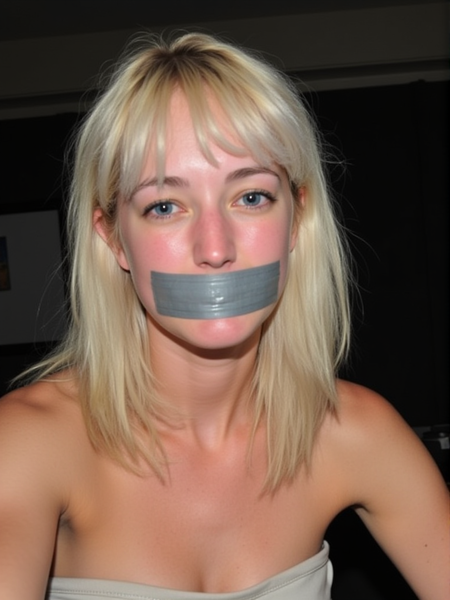 a woman with duct on her mouth