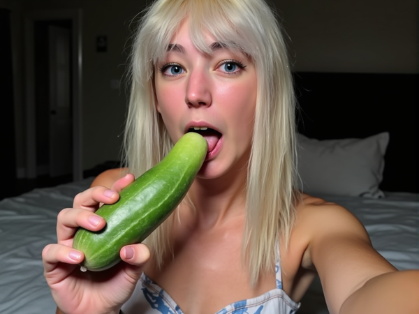 a woman is holding a cucum