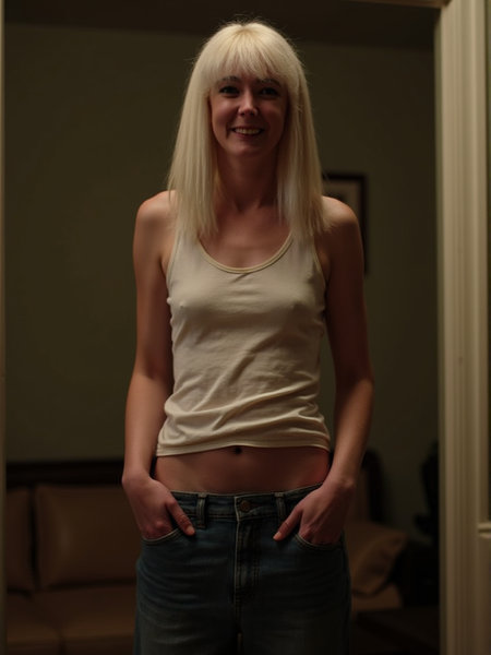 a woman in a white tank top and jeans