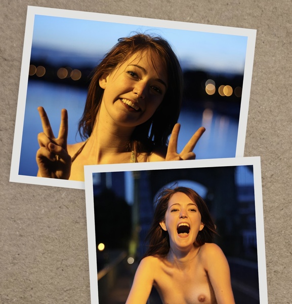 two pictures of a woman with a smile