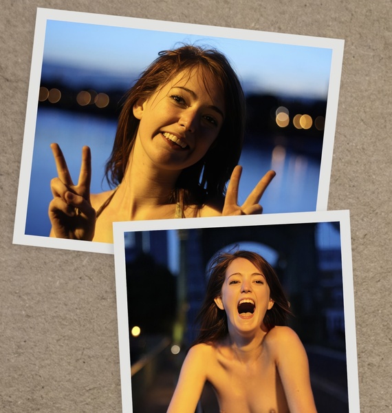 two pictures of a woman with a smile