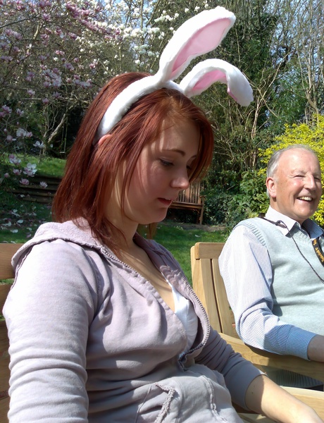 a woman wearing a bunny ears