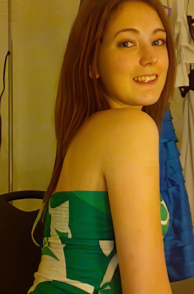 a girl with a green dress and a blue backpack