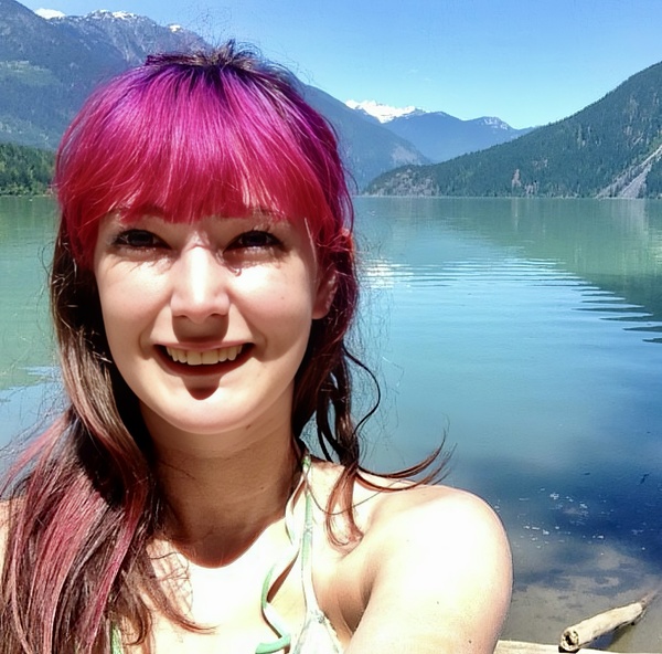 a woman with pink hair standing in front of a lake