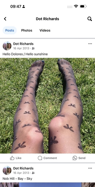 a person with tattoos on their legs 09:47 2

< Dot Richards
Posts Photos Videos
Dot Richards eee
16 Apr 2013 - &&
Dot Richards ee
16 Apr 2013 - &