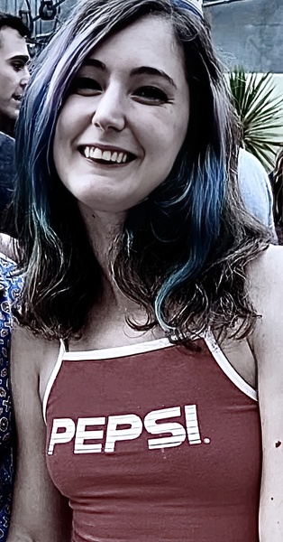 a woman with blue hair