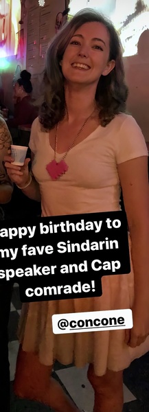 a woman is holding a cup and smiling appy birthday to

ny fave Sindarin
speaker and Cap
comrade!
@concone