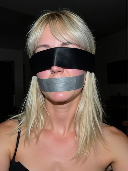 a woman with a blind over her face