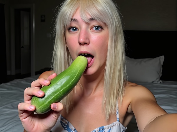 a woman is holding a cucuml in her mouth