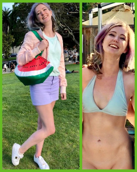 a woman in a bikini top and shorts holding a watermelon