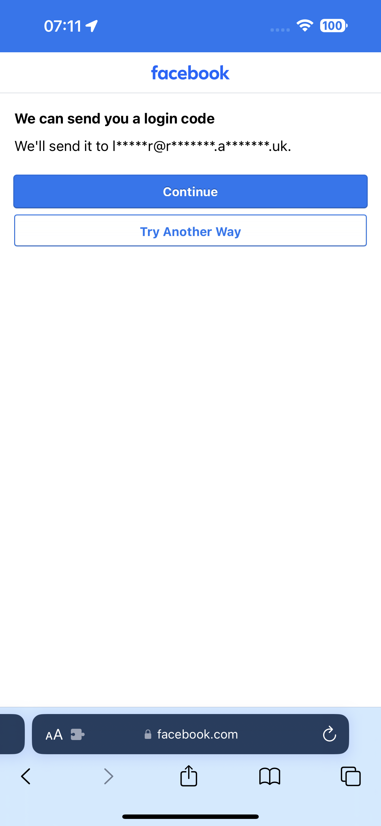 facebook log on iphone facebook

We can send you a login code
We'll send it to [*****r@rtett te ght terre Ul,
Try Another Way
] AA facebook.cam
< > (4 mM