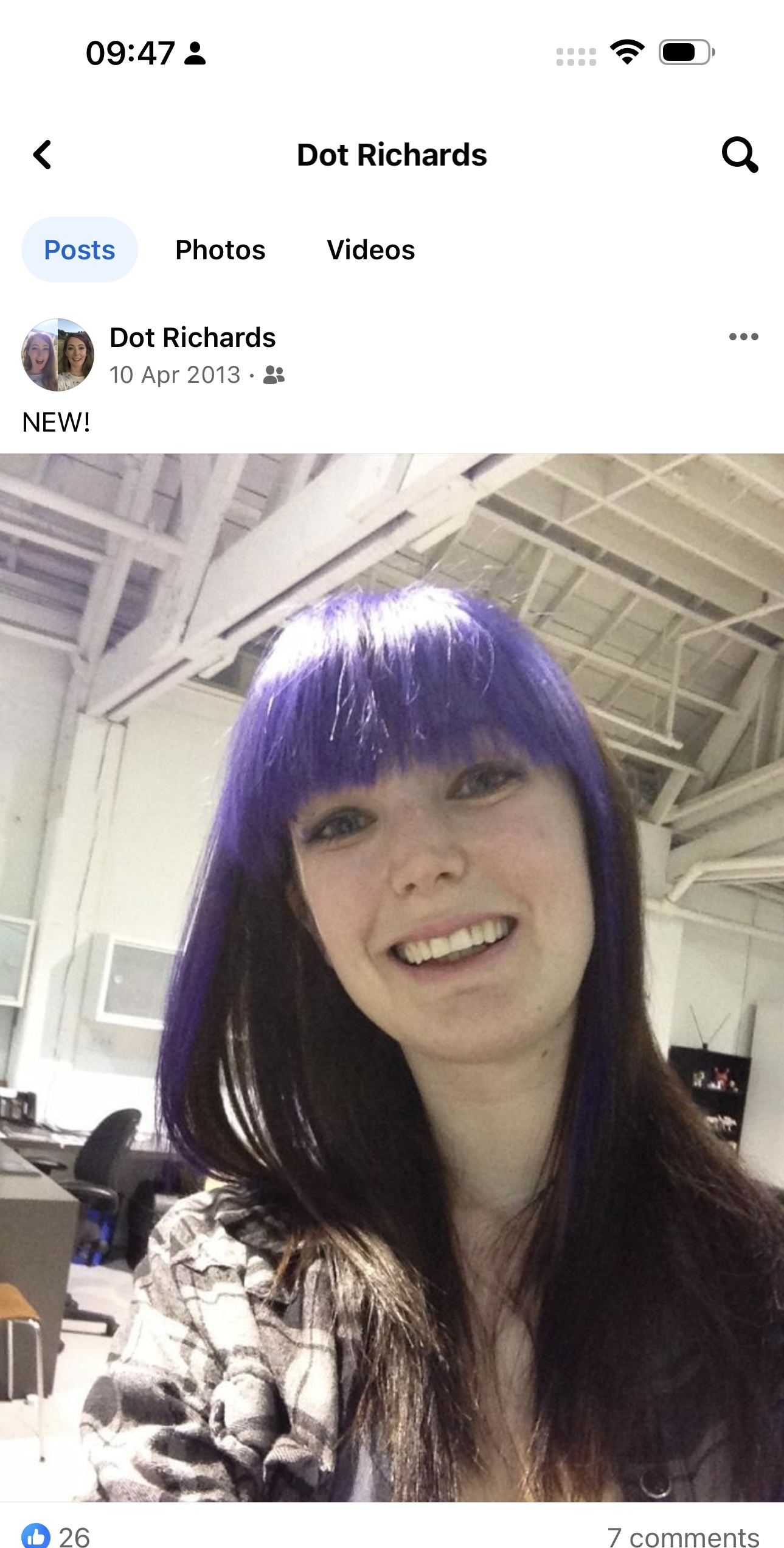 a woman with purple hair and a black jacket 09:47 4 = @>
< Dot Richards Q

Posts Photos Videos
“>! Dot Richards eee
| 10 Apr 2013 - &
NEW!
-
@ 26 7 comments