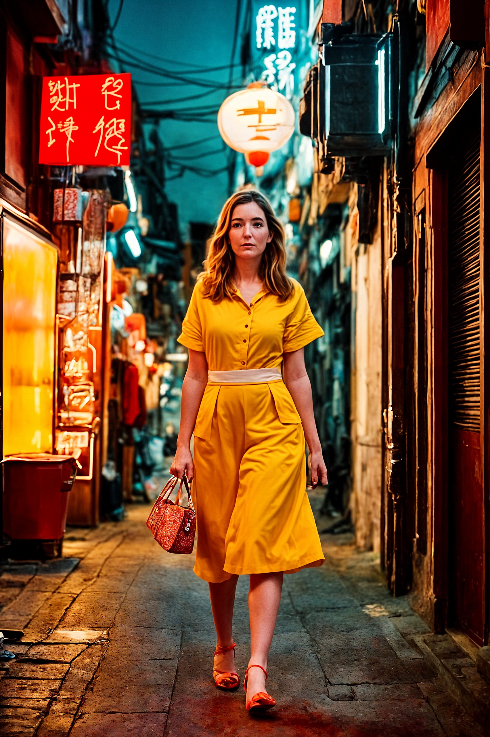 a woman walking down a narrow alley in a city