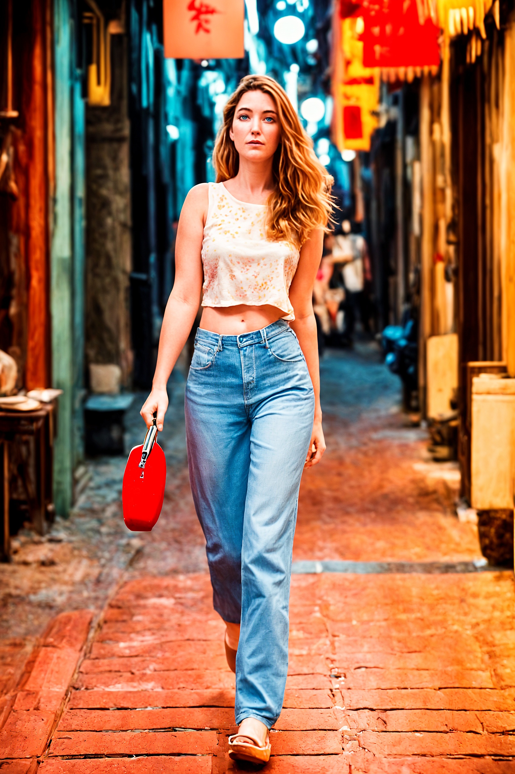 a woman walking down a street holding a red purse