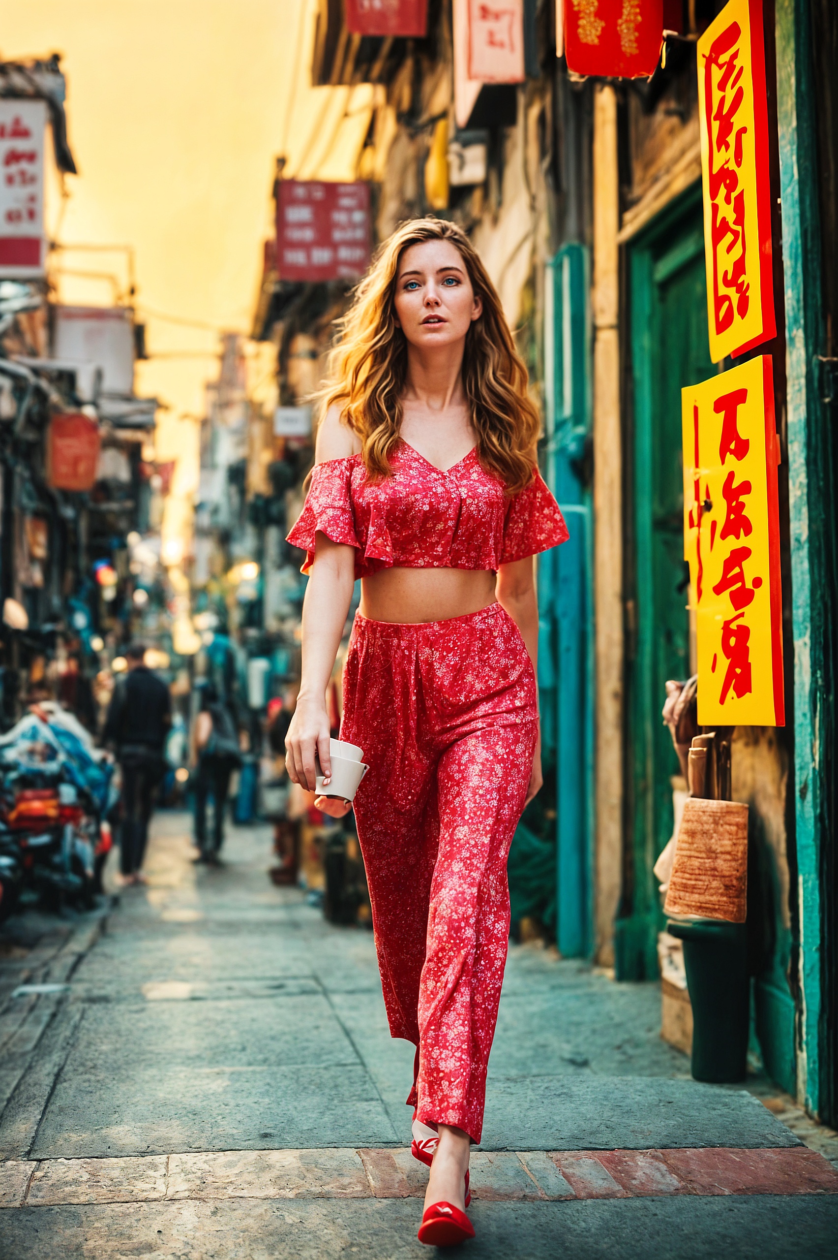 a woman walking down a street in a red floral print suit