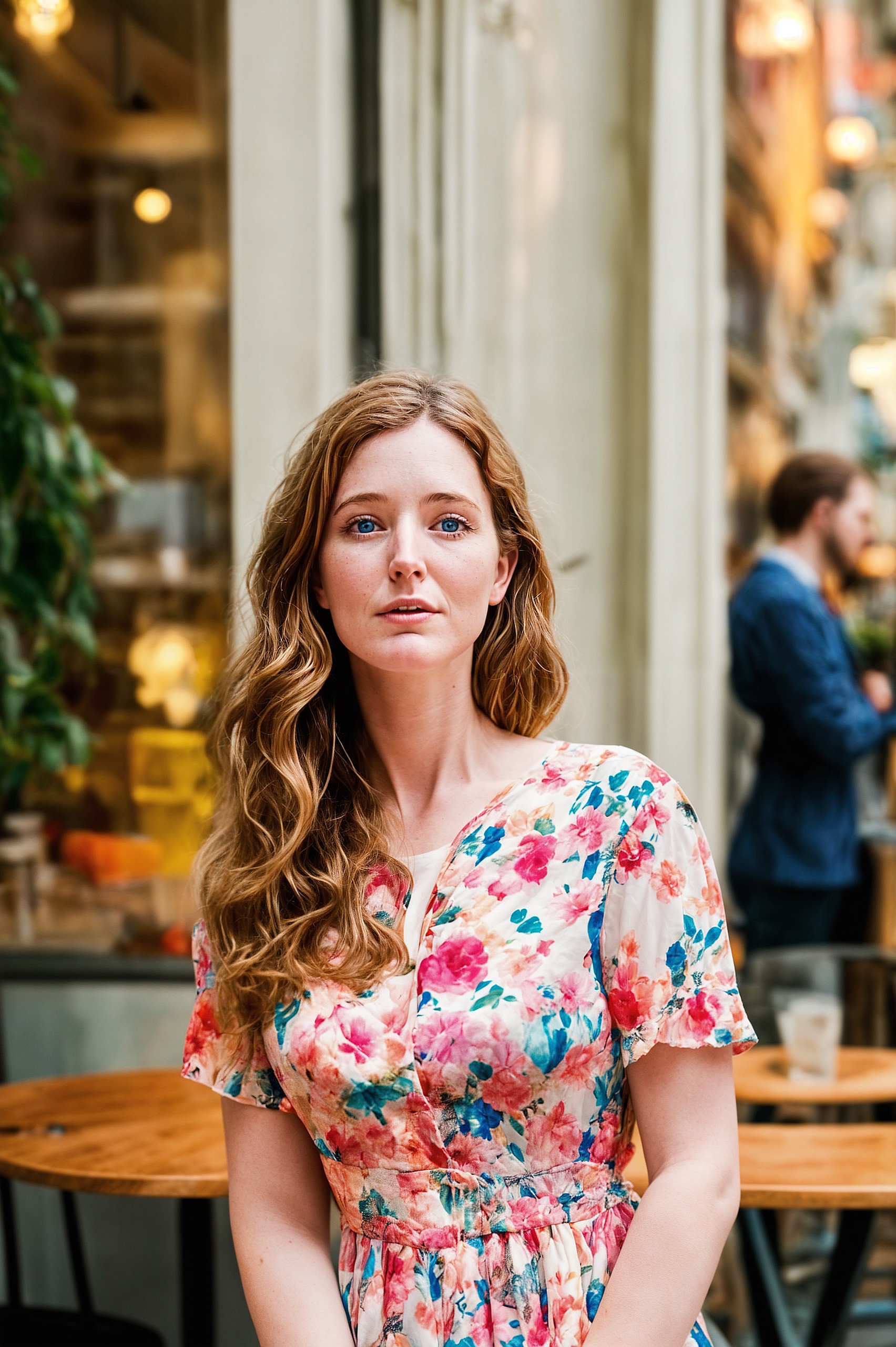 a woman sitting at a table in a restaurant